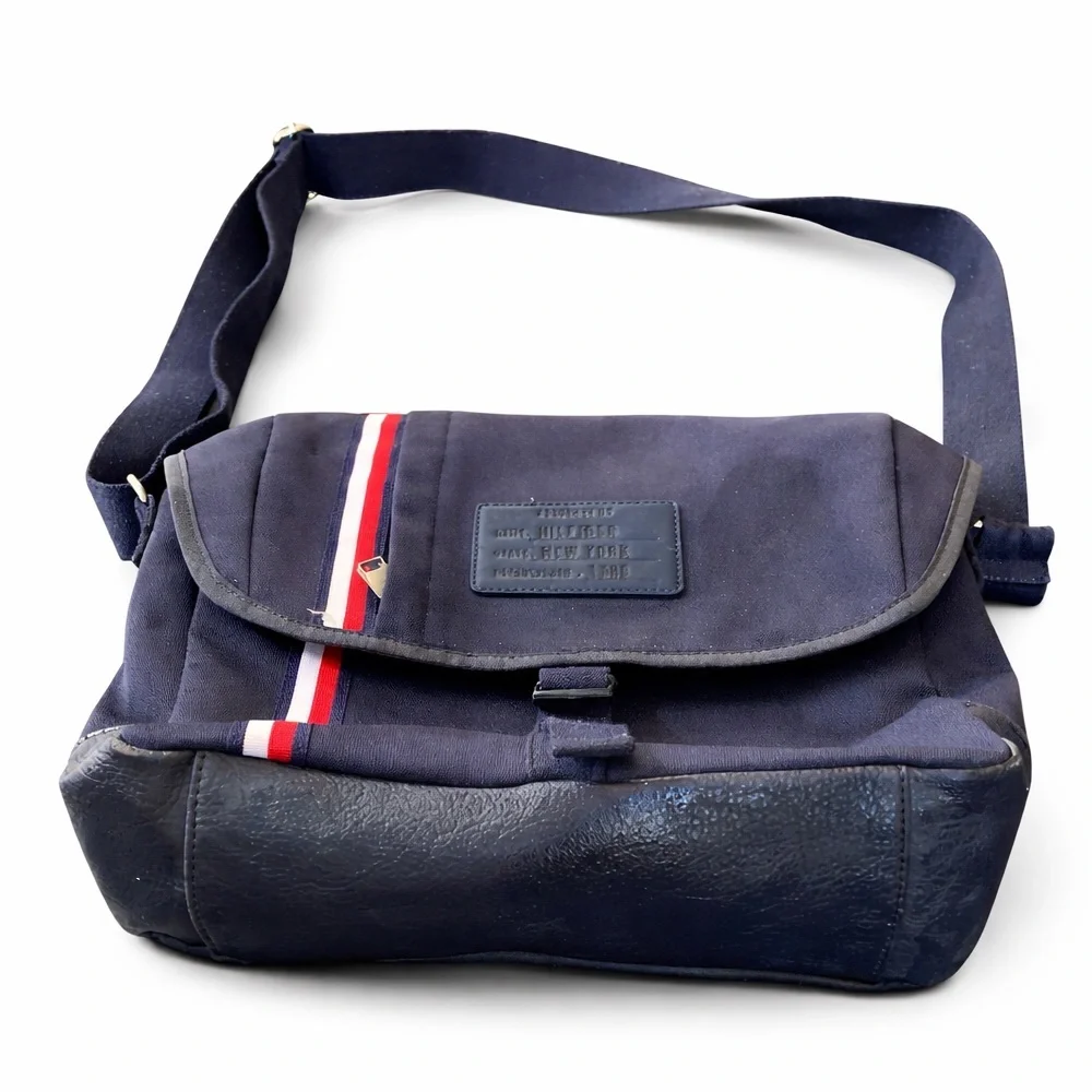 Tommy Hilfiger Navy Canvas Messenger Crossbody Laptop Travel Bag Unisex